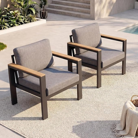 Outdoor Patio Chairs Set of 2, Aluminum Patio Furniture Chairs with 5-Inch Water-Resistant Cushions, Powder-Coated Frame for Porch, Deck, Backyard, Poolside, Gray