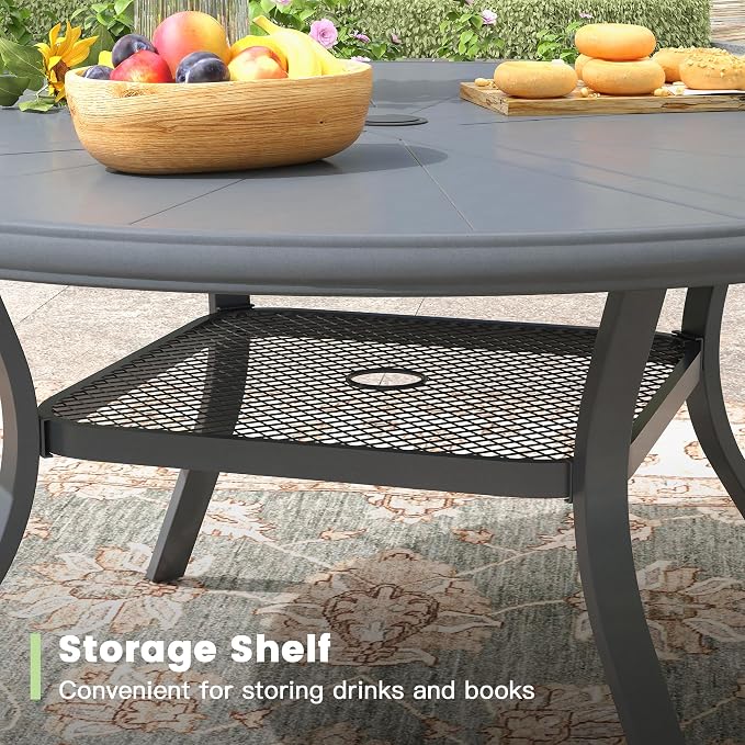 Outdoor Patio Round Dining Table for 6, 47.3" x 47.3" Sleek Aluminum Dining Table with Umbrella Hole for Backyard Garden Lawn Deck, Dark Grey