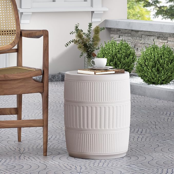 Outdoor Side Table 15" Cylindrical Shape Lightweight Concrete-Look Outdoor Indoor Accent Table Decorative Garden Stools, for Patio Porch Living Room, White