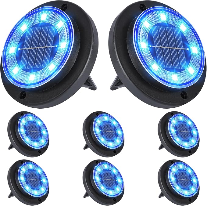 Flacchi Solar Lights Outdoor Waterproof - 2-in-1 Solar Powered Ground Lights Outdoor Solar Disk Light Landscape Light for Deck Step Patio Yard Pathway Walkway Driveway Garden (Blue, 8 Pack)