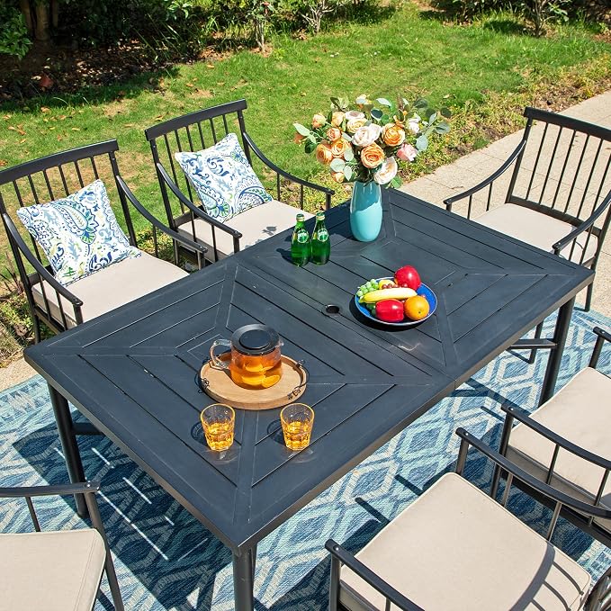 Sophia and William Patio Dining Set, 7 PCS | E-Coated and Steel, Rectangle Table, Straight Legs Chairs, 1.77" Umbrella Hole, Weather-Resistant, Easy to Clean