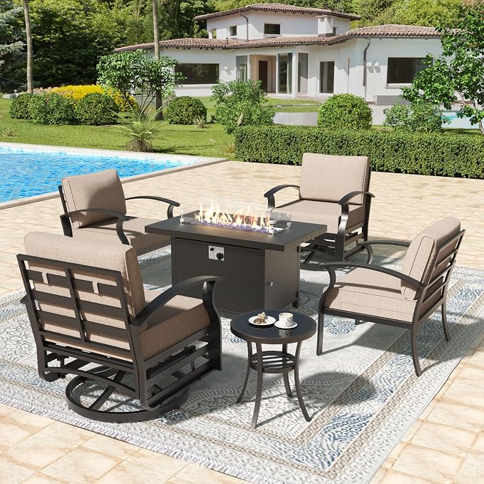 Aluminum Patio Furniture Set with 55,000 BTU Propane Fire Pit Table, 4 Seats Metal Modern Outdoor Furniture w/5.1" Cushions, Sectional w/Swivel Chairs for Backyard, Sand