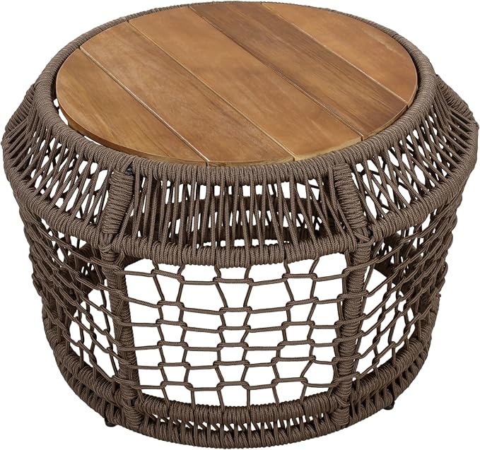 Outdoor Side Table with Grey Rope Frame, Patio Side Tables for Outside, Round Acacia Wood Outdoor End Table for Poolside Backyard Gazebo,No Assembly Required
