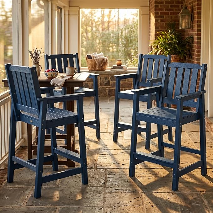 Takywep Set of 4 HDPE Wood Grain Outdoor Bar Stools, 27.7" High Counter Height Chairs with Armrests and Back, Weatherproof Pub Seating for Patio, Balcony, Garden, Deck, Backyard, Navy Blue