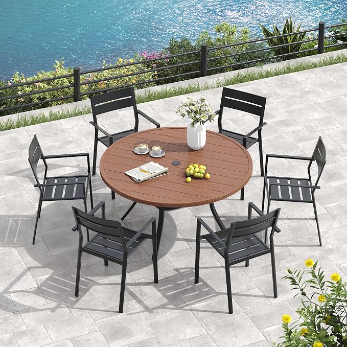 VICLLAX 50" Round Patio Table, Outdoor Dining Table for 6 with Umbrella Hole for Garden Lawn Deck Backyard, Walnut