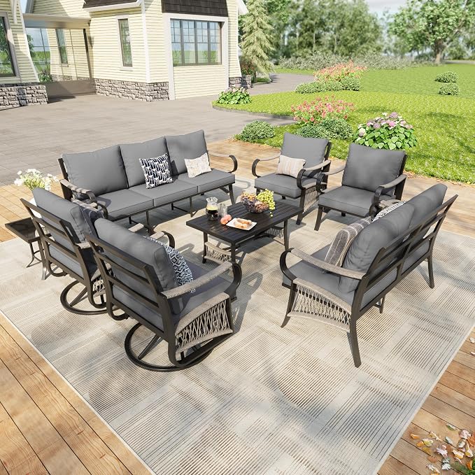 8 Pieces Patio Furniture Set, Metal Outdoor Conversation Sets with Swivel Chairs, Modern Couch Sofa Seating Group with Coffee Table and Side Table (Thick Gray Cushions)