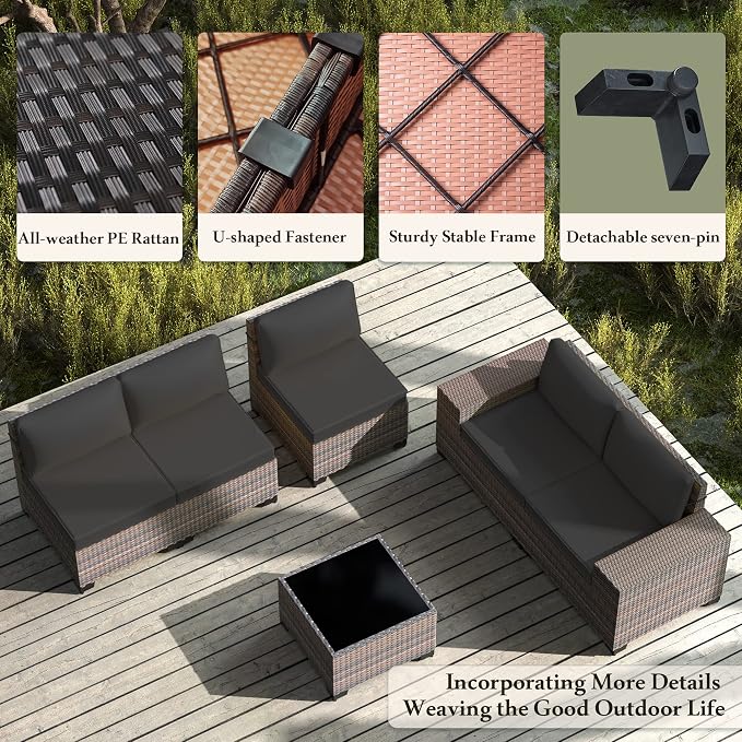 12 PCS Outdoor Patio Furniture Set,Outdoor Sectional Furniture All Weather PE Rattan Wicker Patio Conversation Set with 2 Coffee Tables and 10 Thickened Cushions,Black