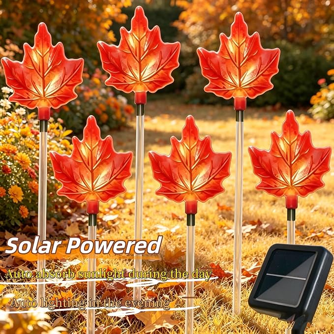 Solar Maple Leaf Lights - 6 Pack Outdoor Solar Path Lights with 8 Lighting Modes, Waterproof Garden Stake Lights for Fall, Thanksgiving, Autumn Decor, Housewarming Gifts & Outdoor Decor