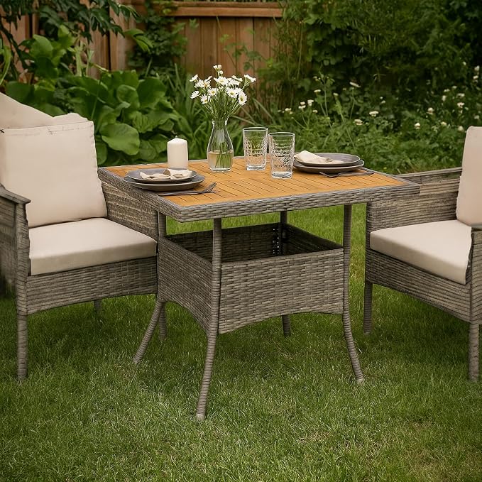 Benzara Biwo Outdoor Dining Table, Gray Wicker Rattan, 32 Inch Brown Wood Top