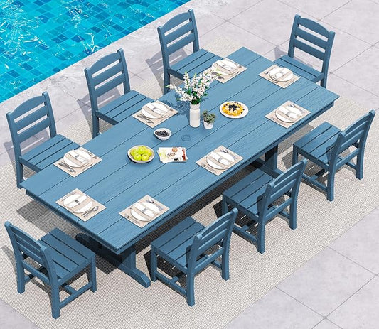 SERWALL 9 Piece Outdoor Dining Set, 84" HDPE Outdoor Table and Armless Chairs Set for 8，All Weather Patio Furniture Set with Umbrella Hole for Backyard, Garden, Blue