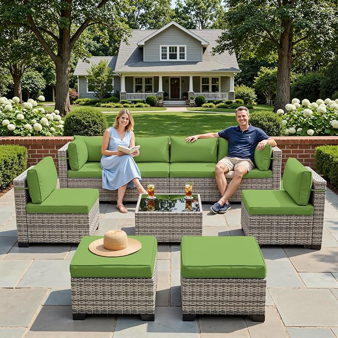 9-Piece Patio Furniture Set, Outdoor with Ottomans, Modular Patio Sofa, Dual-Strand Wicker Rattan, Rust-Resistant Frame, Backyard Furniture for Garden, Deck, Grass Green