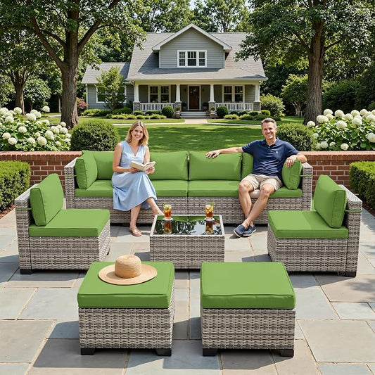 9-Piece Patio Furniture Set, Outdoor with Ottomans, Modular Patio Sofa, Dual-Strand Wicker Rattan, Rust-Resistant Frame, Backyard Furniture for Garden, Deck, Grass Green