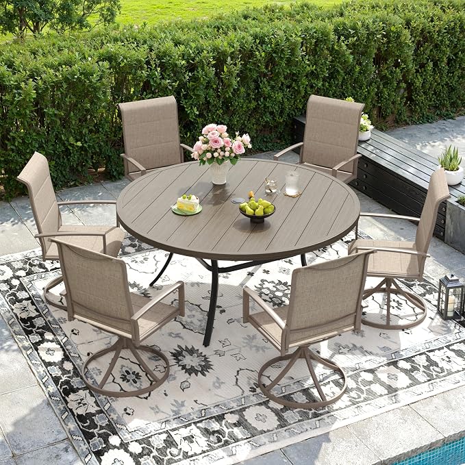 DIFY 50" Round Outdoor Patio Dining Table for 6, All-Weather Metal Patio Table with 1.57" Adjustable Umbrella Hole, Outdoor Furniture Table for Garden Backyard Deck, Grey Wood-Like