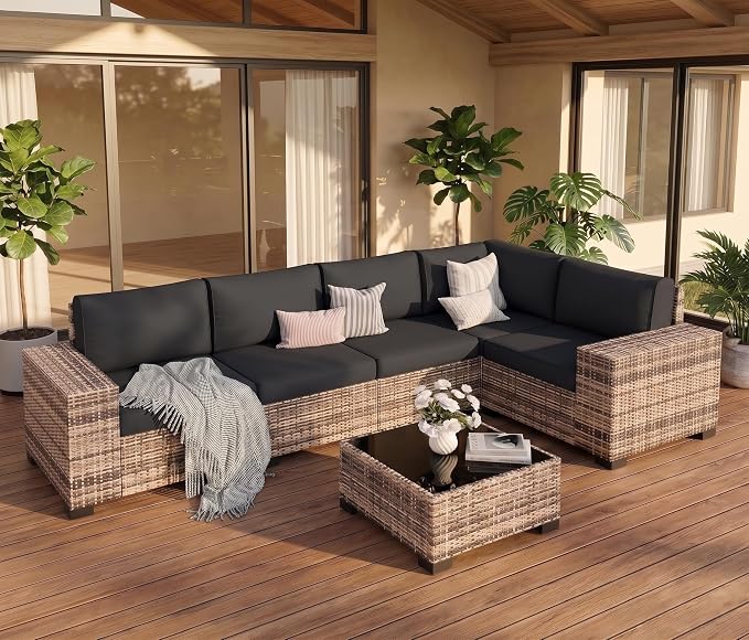 UDPATIO Patio Furniture Set L-Shaped, 8" Width Armrest Sectional Set, Al Weather PE Rattan Conversation Furniture with High Density Cushions and Coffee Table for Outdoor Backyard Porch Black