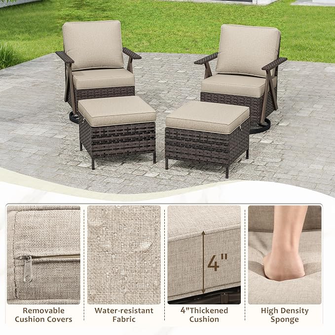 Outdoor Swivel Rocker Chairs Set of 4, Wicker Swivel Patio Chair with Ottomans, Patio Furniture Set for Outside Backyard