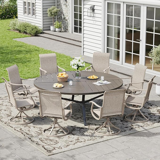 9 Pieces Patio Furniture Dining Set, 8 Textilene Swivel Dining Chairs, 60" Outdoor Round Metal Table with 1.57" Umbrella Hole, Outdoor Dining Set for Porch, Lawn, Garden, Grey/Sand