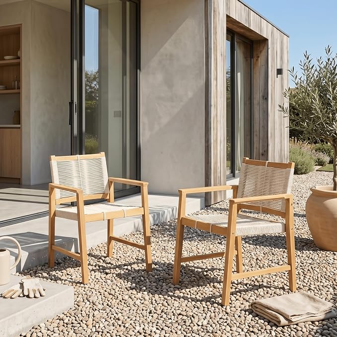 NTC Luno 6 Pieces Solid Wood Lounge Armchairs with Handwoven Rope Seat & Back, Indoor & Outdoor Wooden Chairs for Patio Dining Sets, Modern Patio Lounge Chairs, Easy Assembly, Natural