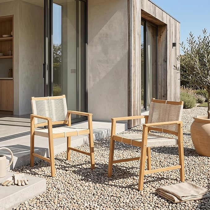 NTC Luno 4 Pieces Solid Wood Lounge Armchairs with Handwoven Rope Seat & Back, Indoor & Outdoor Wooden Chairs for Patio Dining Sets, Modern Patio Lounge Chairs, Easy Assembly, Natural