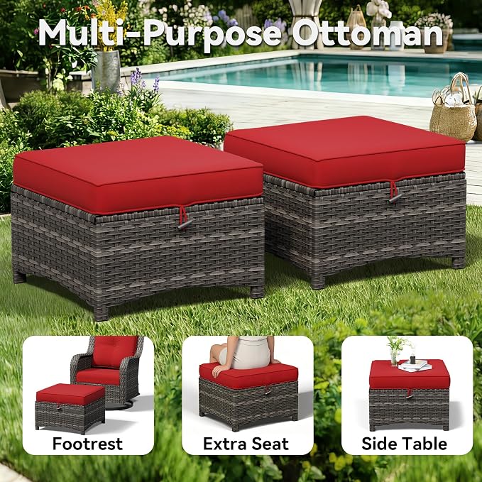 5 Piece Outdoor Wicker Patio Furniture Set, Patio Chairs Set with Thickened Olefin Cushions, High Back and Deep Seating, Hand-Woven PE Rattan, Ottoman for Porch, Deck