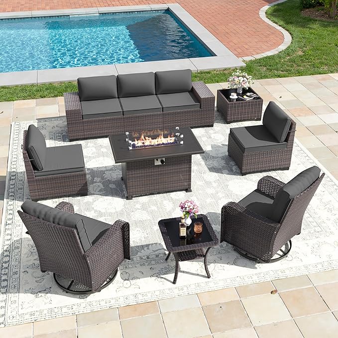10 PCS Outdoor Patio Furniture Set,Outdoor Sectional Furniture with 43" 55000 BTU Gas Propane Fire Pit Table,All Weather PE Rattan Wicker Patio Conversation Set,Swivel Rocking Chairs Set,Grey