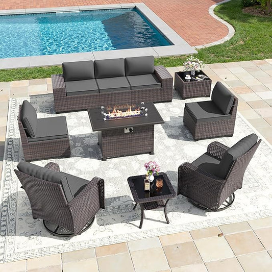 10 PCS Outdoor Patio Furniture Set,Outdoor Sectional Furniture with 43" 55000 BTU Gas Propane Fire Pit Table,All Weather PE Rattan Wicker Patio Conversation Set,Swivel Rocking Chairs Set,Grey