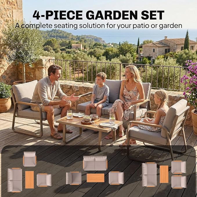 Outsunny 4 Piece Patio Furniture Set, Outdoor Conversation Set with Loveseat, 2 Armchairs, Coffee Table and Cushions, Garden Furniture with Metal Frame for Poolside Porch, Brown