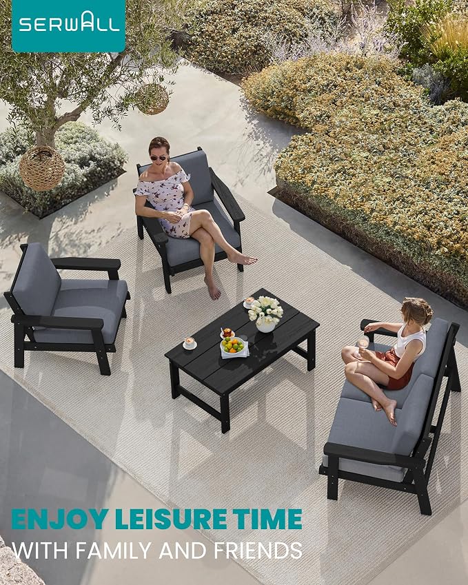 SERWALL HDPE Outdoor Furniture Set, 2 Piece All Weather Wood-Like Outdoor Sofa Sectional Couch, Black Frame and Grey Cushion