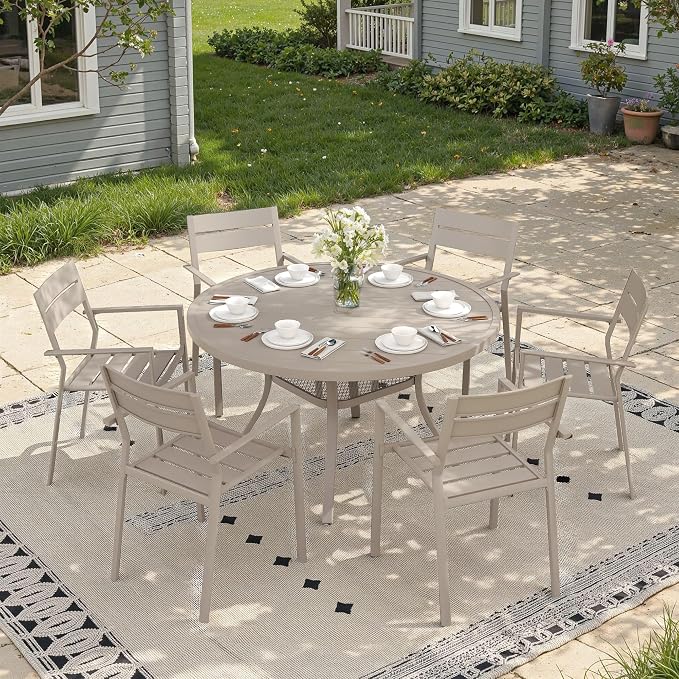 Patio Dining Set for 6, 47.2" Outdoor Dining Table and Chairs Set with Stackable Patio Chairs Outdoor Furniture for Garden Deck Backyard, Sandshell Table and Sandshell Chairs