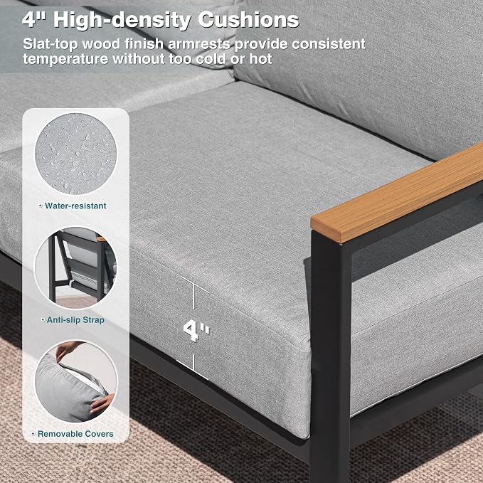 Patio Furniture Set, 4 Pieces Outdoor Patio Furniture with Coffee Table Set, Metal Patio Conversation Sets with Washable and High-Resiliency Sponge Cushions, Upgarded Light Grey