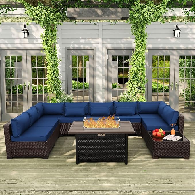 Rattaner 10 Pieces Outdoor Sectional All-Weather Wicker Patio Furniture Set Patio Sectional and Steel Fire Table and Glass Patio Table Non-Slip Cushions and Waterproof Covers, Navy Blue