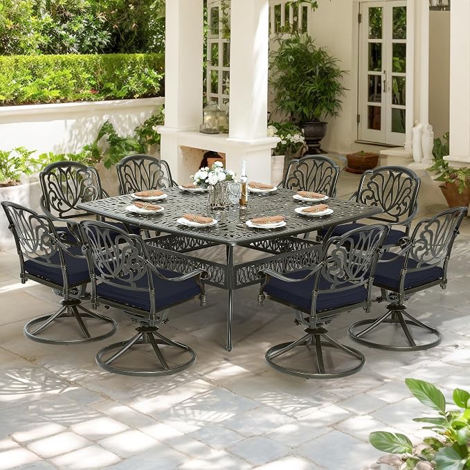 9-Piece Patio Cast Aluminum Dining Set, Outdoor Dining Furniture Set for 8 Person, Includes 64" Square Table and 8 Swivel Rocker Chairs with Umbrella Hole for Patio Deck Garden, Navy Blue