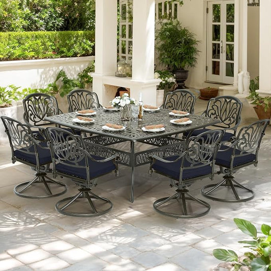 9-Piece Patio Cast Aluminum Dining Set, Outdoor Dining Furniture Set for 8 Person, Includes 64" Square Table and 8 Swivel Rocker Chairs with Umbrella Hole for Patio Deck Garden, Navy Blue