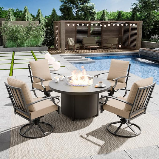 5 Piece Metal Outdoor Patio Furniture Set with 48" Round Propane Fire Pit, Outdoor Dining Table Set with 4 Swivel Chairs and 55000 BTU Outdoor Fire Pit, Sand