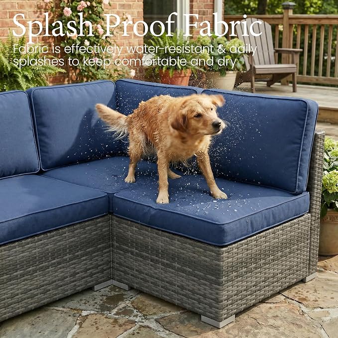LayinSun 8 Piece Patio Furniture Set with 44" Propane Gas Fire Pit Table, Outdoor Sectional Conversation Set Wicker Rattan Sofa Set with Coffee Table