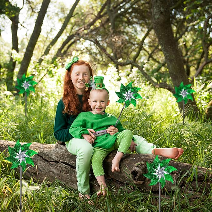 Hausse 10 Pack Reflective Pinwheels Holiday Decor (Assembly Required), Sparkly Wind Sculptures for St. Patrick's Day Decorations Party Supplies, Scare Birds Away from Garden Yard Patio Farm, Green