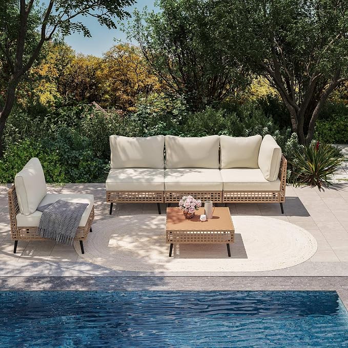 LAUSAINT HOME Outdoor 5 Pieces PE Wicker Patio Conversation Set, All-Weather Rattan Sectional Sofa with Thick Cushions & Coffee Table for Garden, Yard and Balcony (Beige)