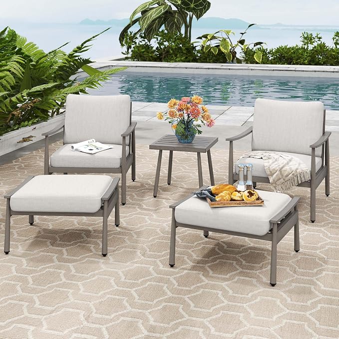 HAPPATIO Aluminum Outdoor Furniture Set - 5 Pieces Patio Furniture Set Includes 1 Side Table, 2 Armchairs and 2 Ottomans with Thick Cushion, Patio Conversation Set for Backyard Deck Poolside (Grey)