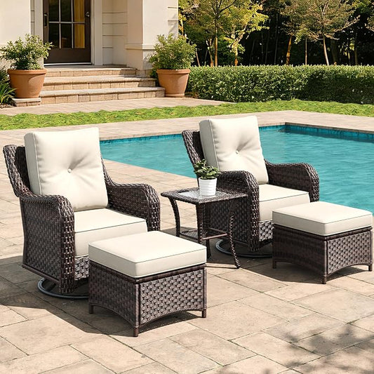 5 Pieces Outdoor Furniture Set with 6-inch Cushions, High Back Wicker Swivel Rocker Chairs with Coffee Table, Luxury Conversation Set for Deck Patio and Poolside