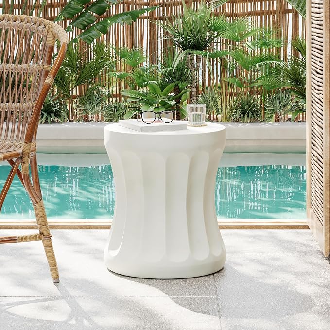 Outdoor Side Table 18" Hourglass Shape Concrete Side Table, Patio Tables for Outside Decorative Garden Stools, No Assembly Accent Table for Patio Porch Living Room, White