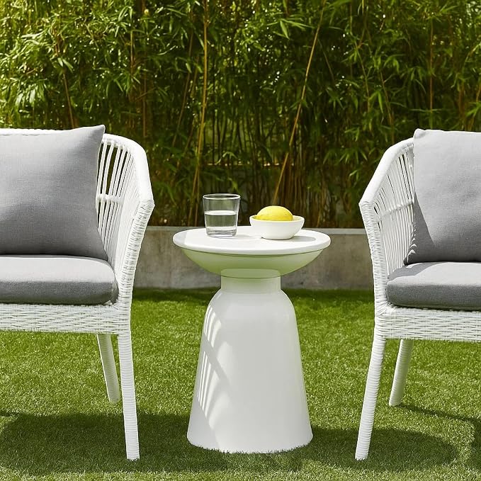 Benzara Suma Outdoor End Table, Round 15 Inch Top, Pedestal Base, White Iron