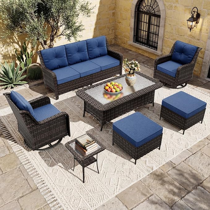 Outdoor Patio Furniture Set,7 Pieces 7 Seats Outdoor Sectional Furniture All Weather Thick PE Rattan Wicker Patio Conversation Set with Ottoman & Coffee Table,Swivel Rocking Chairs Set,Navy Blue