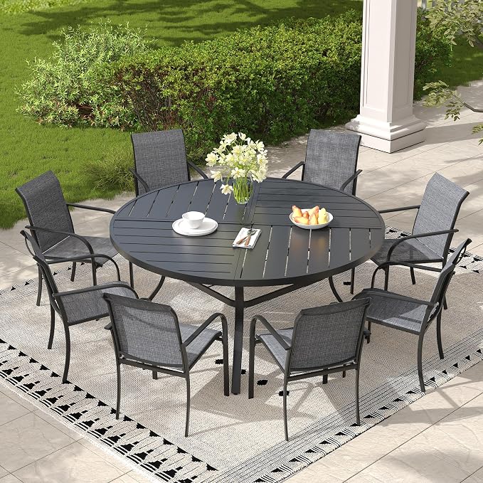 Patio Table and Chairs Sets for 8, Outdoor Dining Set with 8 Stackable Dining Chairs and 54" x 54" Round Thick Slatted Table for Backyard, Deck, Lawn, Garden, Grey & Black