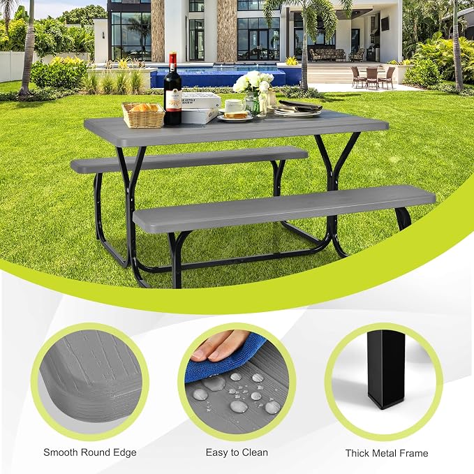 HAPPYGRILL Outdoor Picnic Table Bench Set with Metal Frame & All Weather-Resistant Surface, Camping Table Set for Patio Backyard Poolside Garden Dining Party
