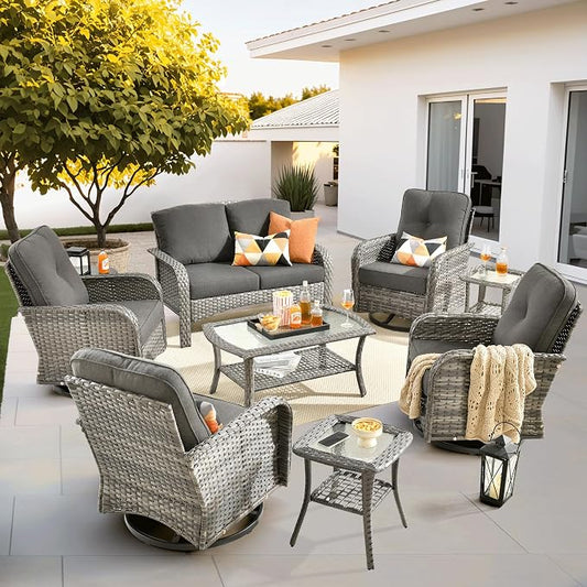 ovios 8-Piece Patio Furniture Set, Outdoor Wicker Sofa with Swivel Chairs Coffee Table, High Back Rattan Couch Loveseat with Comfy Cushions for Porch Yard Deck, Black