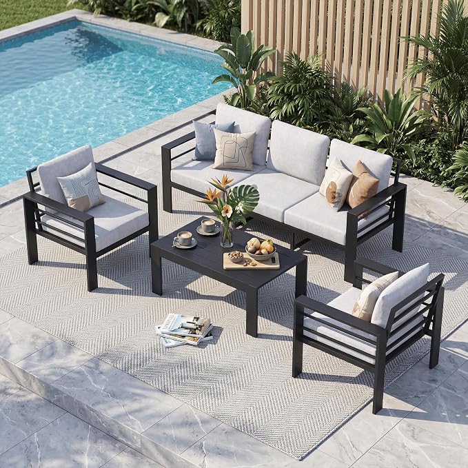 Aluminum Patio Furniture Set, 4 PCS Metal Oversized Outdoor Furniture Set Washable Thick Cushions, 5 Seat Patio Conversation Set with 3.54” Wide armrest and Coffee Table for Patio, Garden
