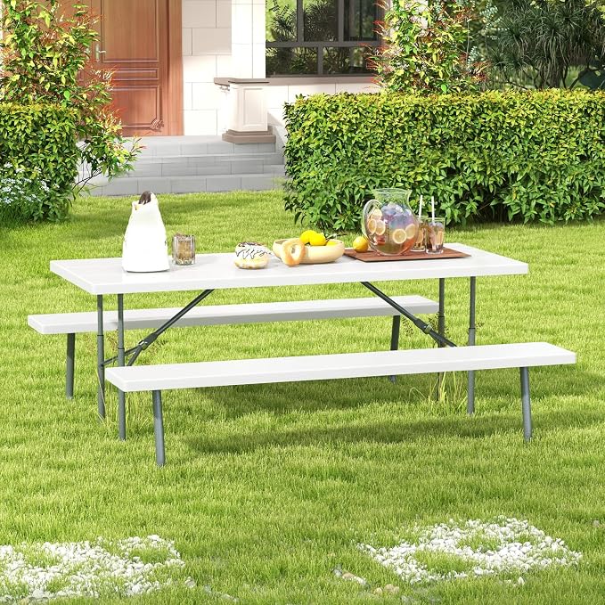 Giantex Folding Picnic Table - 6 FT Outdoor Table Bench Set for 8 Persons w/All-Weather HDPE Tabletop, Metal Leg, Umbrella Hole, Large Outside Dining Table for Patio Garden Yard Poolside (White)