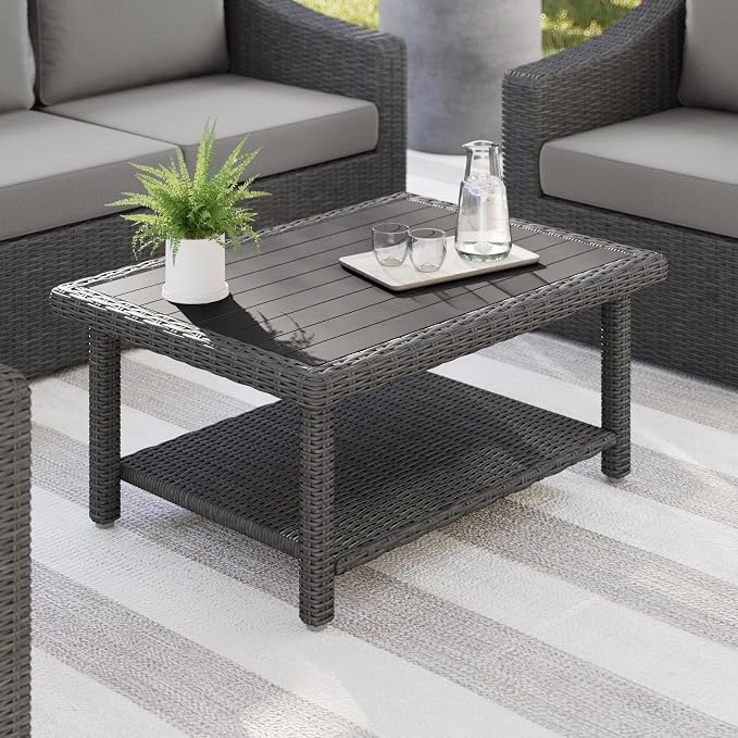 Martha Stewart Bedford Indoor-Outdoor Patio Coffee Table with Lower Shelf, Faux Wood Top, and Rattan Wicker Finish in Gray