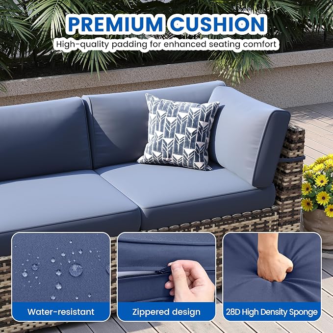 8-Piece Patio Furniture Set with 44” Fire Pit Table - All-Weather Wicker Conversation Sectional Sofa & Coffee Table with Thickened Cushions for Backyard, Garden(Navy Blue)