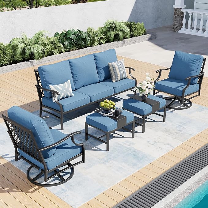 SUNSHINE VALLEY 5 Piece Metal Outdoor Patio Furniture Set, Patio Conversation Sets 1 3-seater Sofa, 2 Swivel Chairs, 2 Ottomans with 5.75" Thick Cushion, Black All-weather Backyard Furniture Set, Navy