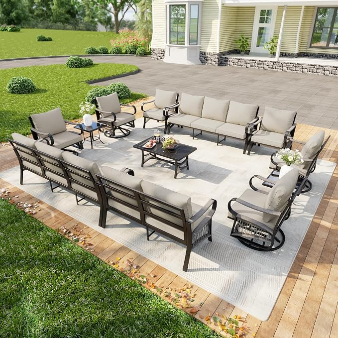 12 Pieces Outdoor Conversation Set, Rope Patio Furniture Sets Metal 2 Three-Seater Couch 4 Swivel Rockers with 2 Side Tables Loveseat Sofa 2 Single Chairs with Coffee Table, Beige
